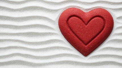 Fototapeta premium Red Heart Shape on Soft White Sand with Gentle Curves and Textured Patterns
