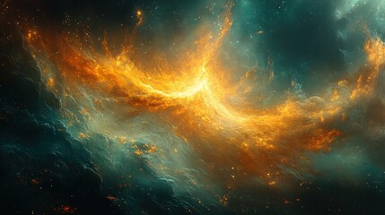 Fototapeta premium Cosmic nebula, fiery orange, teal swirls.