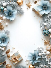 Elegant Christmas Frame with Blue Flowers and Gifts, Ideal for Holiday Decor and Art, Featuring Decorative Elements and Soft Color Palette for Seasonal Celebrations