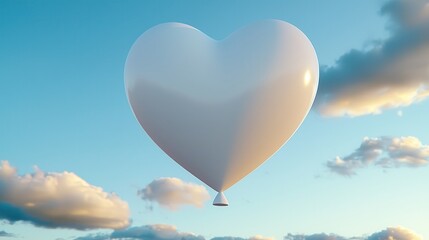 Fototapeta premium White Heart-Shaped Balloon Floating Against a Blue Sky with Fluffy Clouds