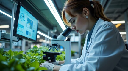 Focused scientist examines plants under a microscope in a modern lab, conducting crucial research.  Innovative technology enhances her work.