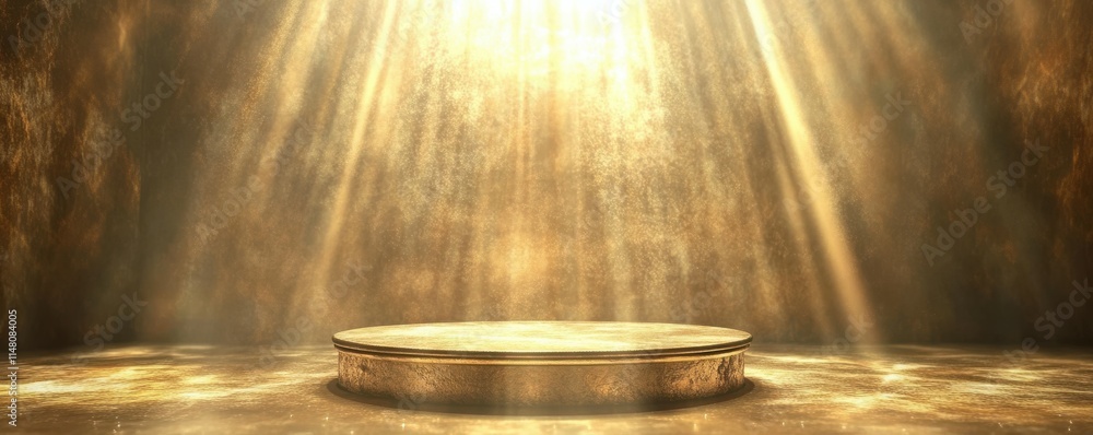 Poster abstract golden background with a round podium and light rays for a product presentation template