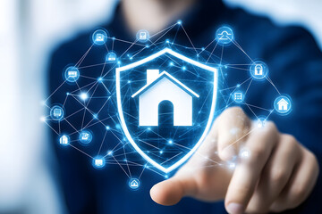 Empresario dibuja a mano el escudo de protección de seguro de casa con la red de seguridad conectando iconos concepto de seguridad de seguro de propiedad para proteger a la familia