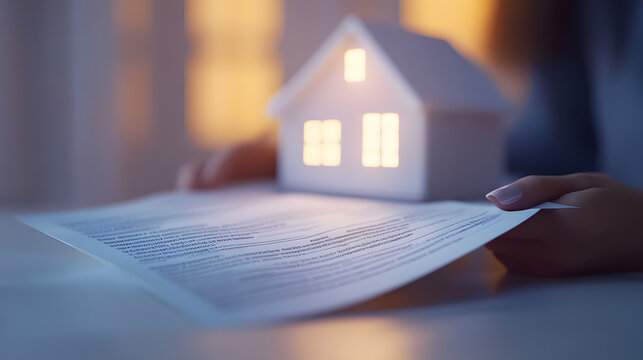 Modelo de casa en una mesa para mostrar bienes ra&iacute;ces o conceptos de mejora del hogar Concepto firma de contratos compra venta y hipotecas