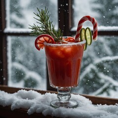 A Bloody Mary styled for a winter theme, garnished with a candy cane stirrer and rosemary, placed on a snow-dusted windowsill.