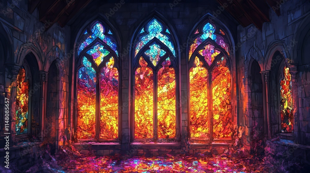 Poster a stained glass window with a colorful design. the window is in a building with arched windows