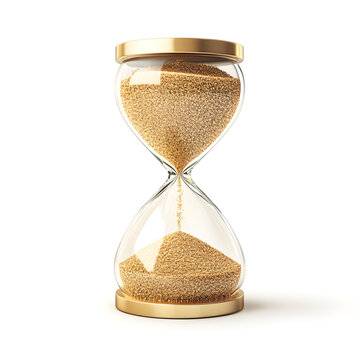 Reloj de arena con arena dorada sobre fondo blanco 