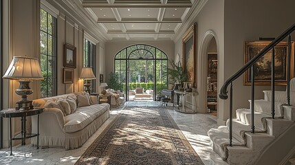 Obraz premium Elegant living room with natural light, plush furniture, and decorative art.