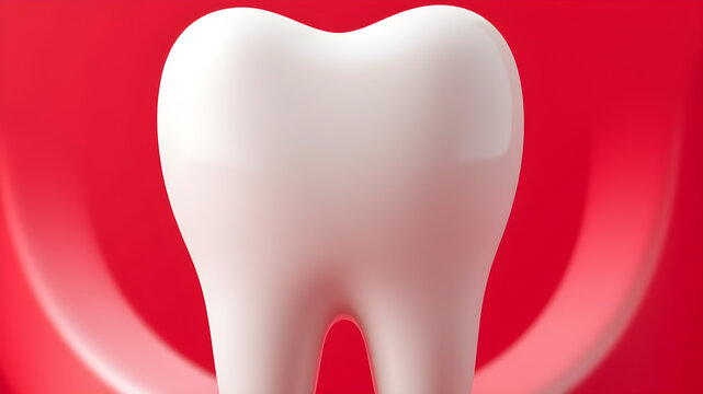 Cute avatar 3D image of high-quality, close-up to a white thooth. the background is a solid, vibrant red with no shadows or additional elements. lighting is centered on the tooth, Generative AI