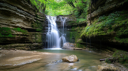 Majestic waterfall cascading into serene pool surrounded by lush greenery. 