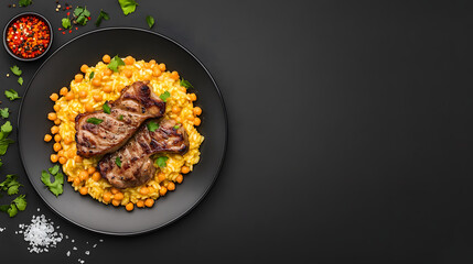 A professional food photograph of mouth-watering medium-rare steak with vegetables and sauce on a white plate, perfect for gourmet lovers.
