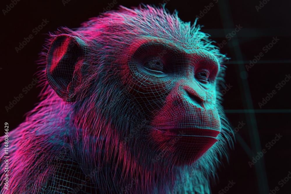 Poster a monkey with a pinkish purple face. the monkey is looking at the camera. the monkey is in a compute