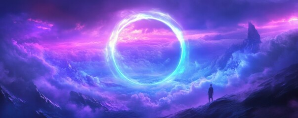 neon circle, glowing fog, atmospheric background, purple and blue colors, dreamlike scenery, mystical aura with clouds, abstract light concept, serene nighttime ambiance characters