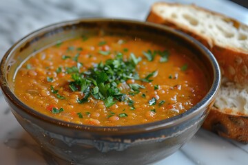 A hearty and comforting lentil soup garnished with chopped parsley and served with a side of crusty whole grain bread