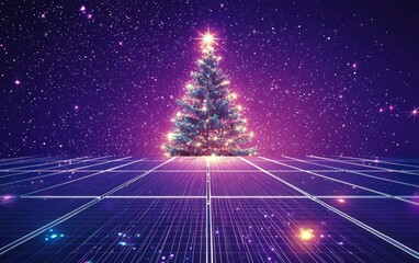 Solar panels with a sparkling holiday tree in front, set against a deep purple background with glowing accents