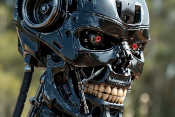 Obraz premium Robotic humanoid with detailed mechanical features and striking red eyes in an outdoor setting