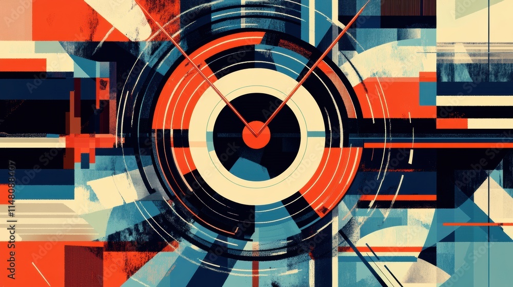 Poster vibrant abstract composition showcasing geometric shapes and dynamic colors in a circular design. ge