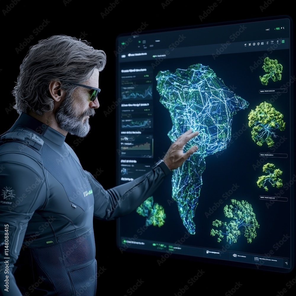 Poster futuristic data analyst studying network map on large screen