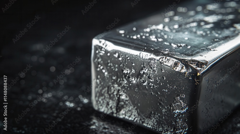 Poster shiny metal bar glistens under soft lighting with droplets of water creating an intriguing texture