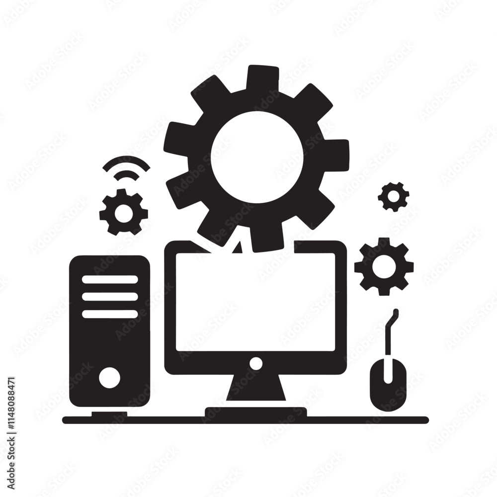 Poster computer system with gears.