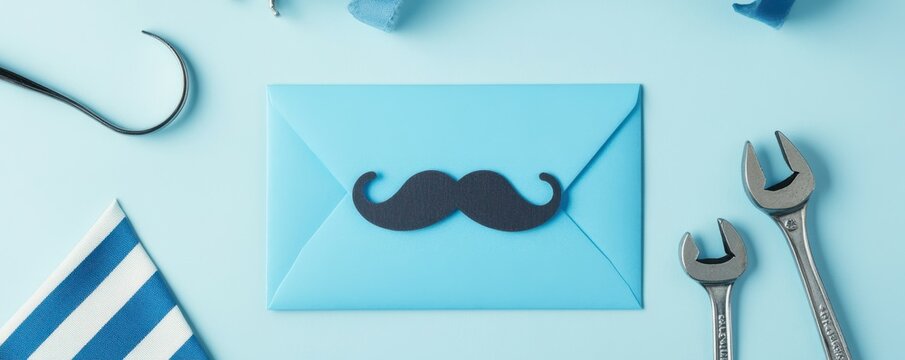 Stylish flat lay of a blue envelope, mustache cut-out, tools, and a striped tie on a pale blue surface perfect for Father's Day or masculine birthday theme