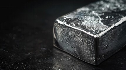 Close-up of a metallic bar glistening with moisture on a dark surface showcasing its reflective qualities and unique texture