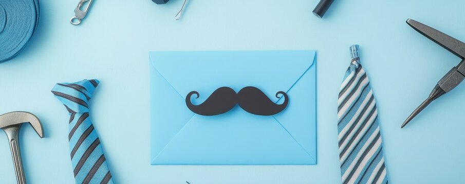 Stylish flat lay of a blue envelope, mustache cut-out, tools, and a striped tie on a pale blue surface perfect for Father's Day or masculine birthday theme