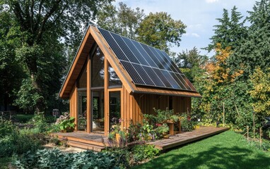 A compact Scandinavian-style home with a pitched roof, wooden facade, and integrated solar panels