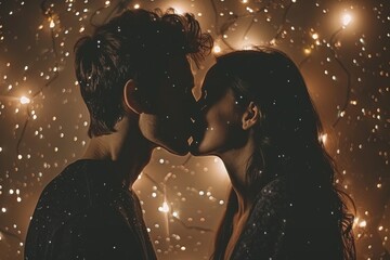 Romantic moment shared between a couple surrounded by glowing fairy lights in an intimate setting during nighttime