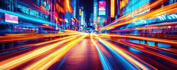 Neon Night Lights: Beautiful city street at night, neon lights, bright glowing signs, urban nightlife, dynamic reflections, futuristic aesthetic