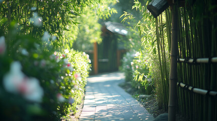 Calm garden pathway surrounded by vibrant flowers and bamboo plants. 