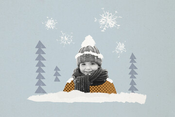 Composite creative art collage of happy small boy wear warm hat scarf winter park walk snowfall...