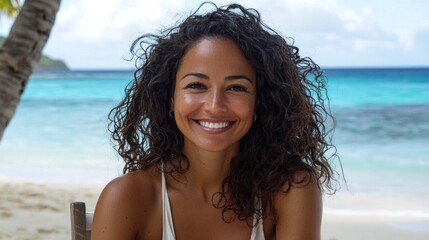 Radiating joy, a woman with curly hair smiles brightly while sitting on a beach. The warm sun enhances her cheerful demeanor, surrounded by soft sands and calm ocean waves