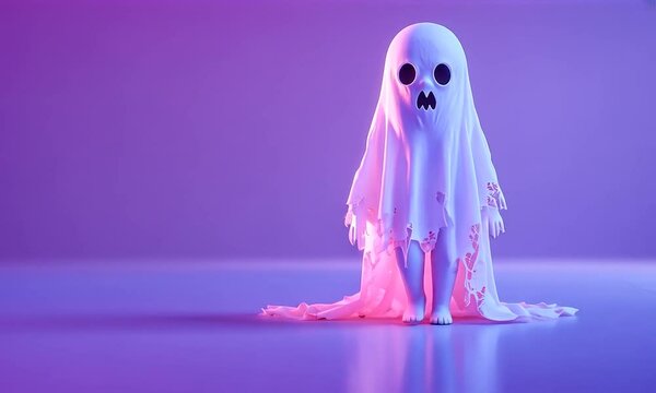 A whimsical ghost figure with large eyes and a flowing, tattered sheet in a colorful setting.