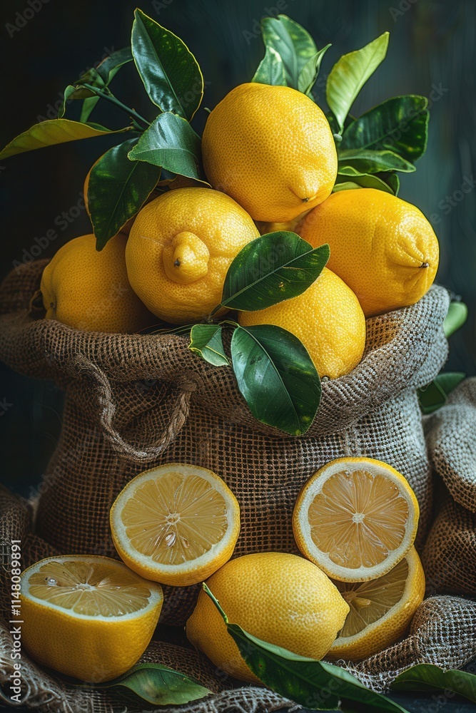 Poster lemons arranged in a burlap sack with fresh leaves and sliced pieces on a rustic table, capturing th