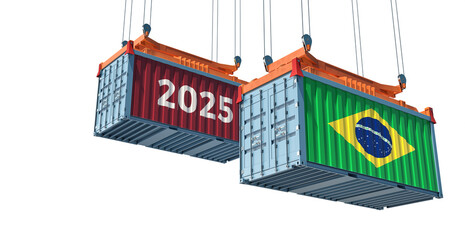 Trading 2025. Freight container with Brazil national flag. 3D Rendering 