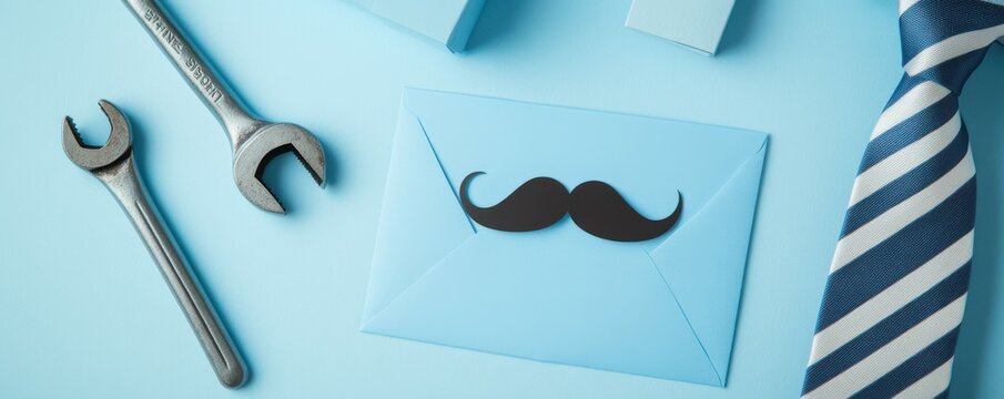 Stylish flat lay of a blue envelope, mustache cut-out, tools, and a striped tie on a pale blue surface perfect for Father's Day or masculine birthday themes