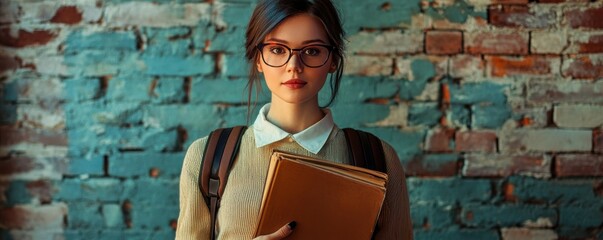 Joyful academic female with stylish glasses carrying books and backpack, showcasing a trendy educational look against a brick background. Copy space
