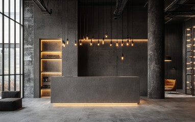 A contemporary reception with concrete textures and industrial lighting design