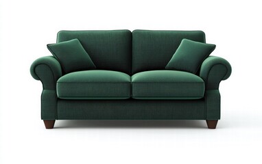 Fototapeta premium A contemporary two-seater sofa with dark green fabric and rounded armrests, isolated on a bright white background