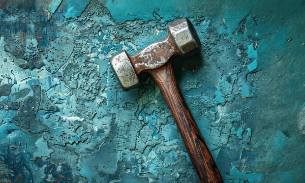 Close-up of wooden hammer on chipped, turquoise painted surface