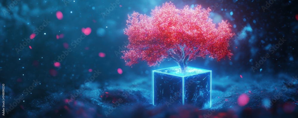 Poster neon tree in a glowing cube, showcasing vibrant colors against a dark backdrop, creating a futuristi