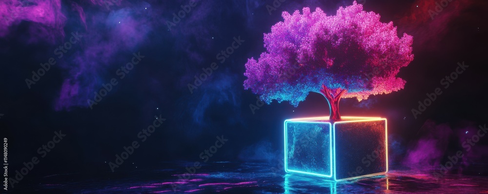 Poster neon tree in a glowing cube, showcasing vibrant colors against a dark backdrop, creating a futuristi