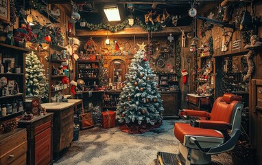 Obraz premium A cozy barbershop with a frosted Christmas tree in the corner, holiday garlands on the walls, and festive decor on the shelves