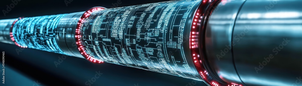 Poster a futuristic, high-tech cylindrical structure displaying glowing data streams and vibrant lights, su