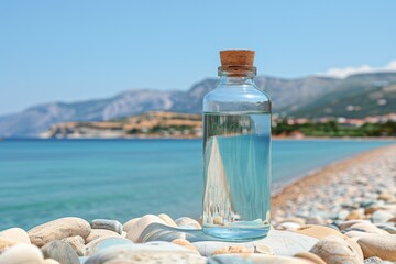 Obraz premium Glass bottle of water on pebbly beach with clear blue sea and mountains in the background during sunny day