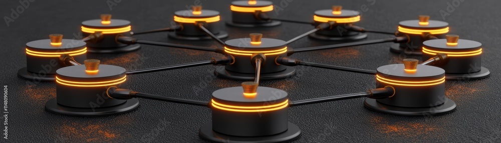 Poster a futuristic network diagram featuring interconnected nodes with glowing orange accents on a dark su
