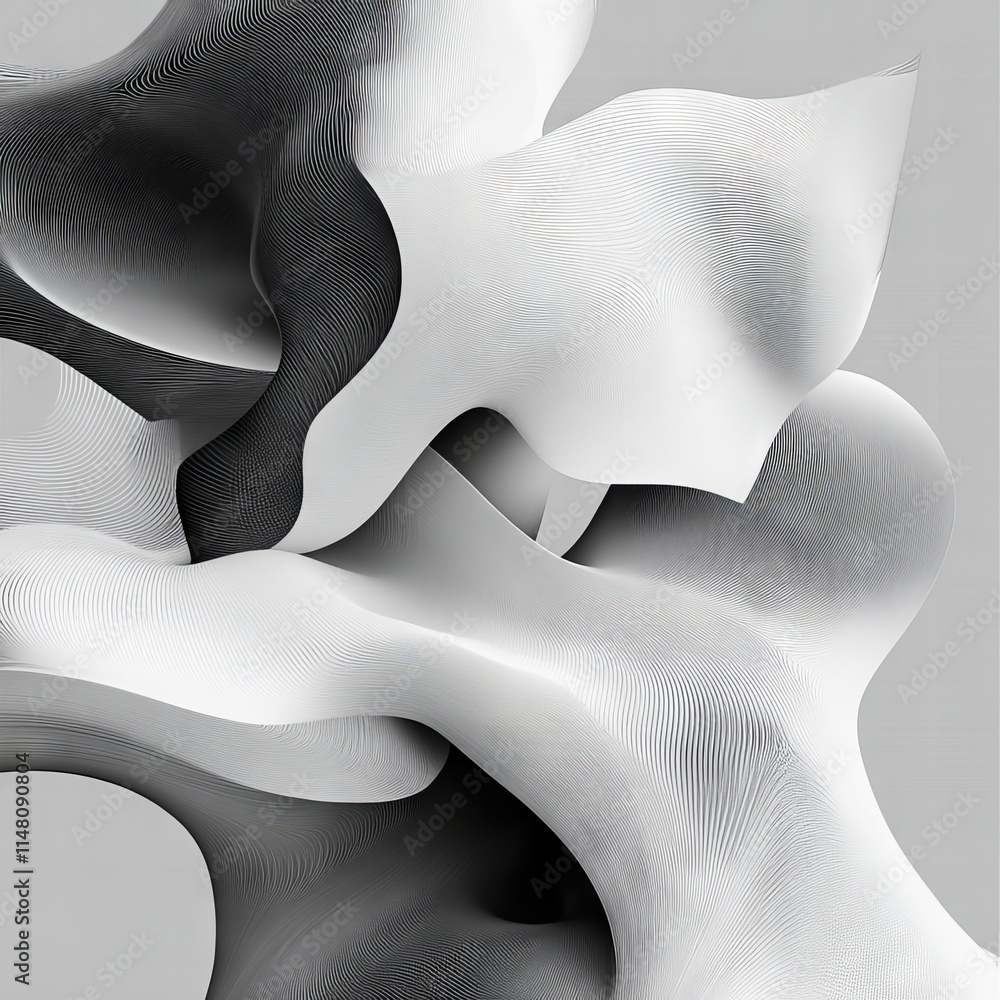 Poster Dynamic abstract design with fluid black and white shapes, showcasing smooth curves and textured patterns for a modern artistic background.
