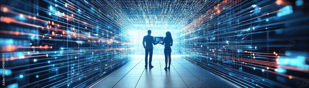 Poster two figures stand in a futuristic environment filled with vibrant digital data streams, symbolizing 
