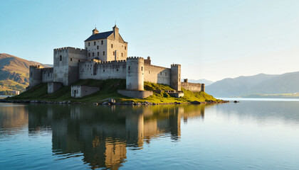 Obraz premium Medieval castle reflected in a tranquil lake under clear blue sky 